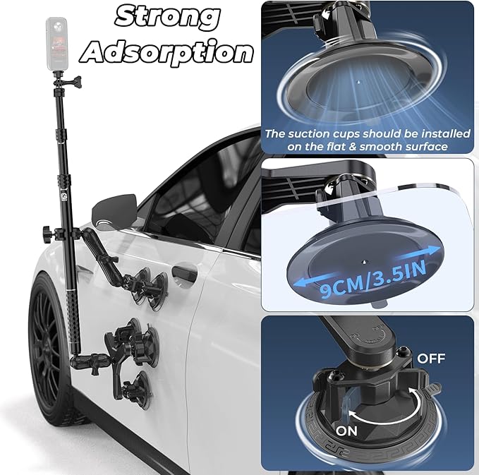 VAZESWIN Suction Cup Car Mount - Aluminum Alloy Extendable Selfie Stick, Five 3.5" Large Suction Cup Car Windshield Camera Mount with Tripod Adapter Compatible with GoPro Insta360 DJI Action Cameras