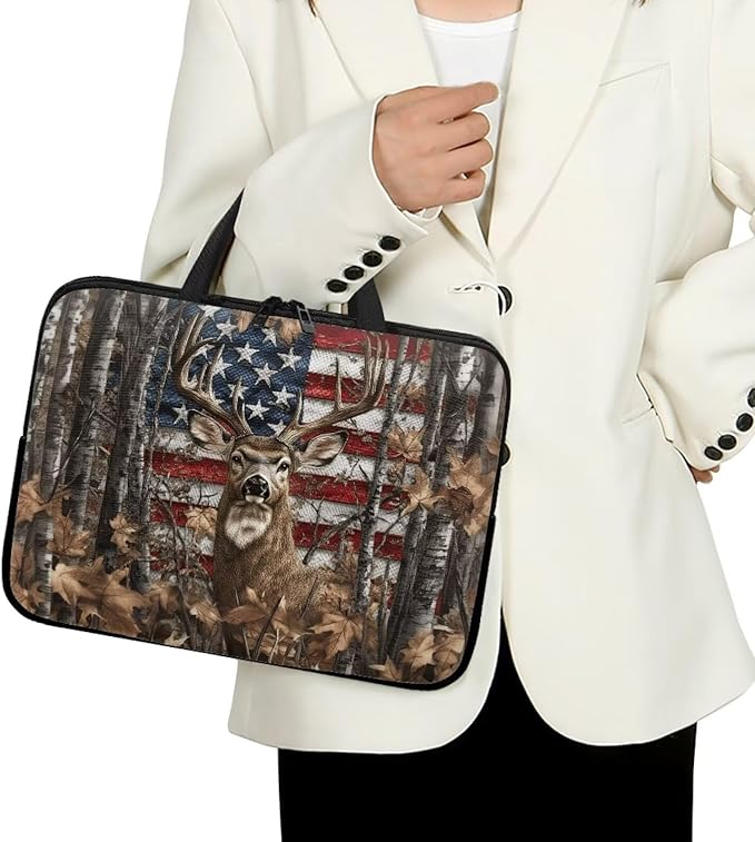 American Flag Deer Forest 10 Inch Laptop Sleeve for Men Women Portable Computer Bag with Handle Tablet Cover Laptop Tote Bag Carrying Case Handbag for Office Travel Business School