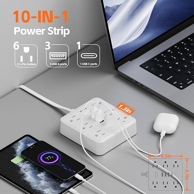 Portable Ultra Thin Flat Plug Surge Overload Protector Power Strip 5ft Extension Cord with 6 AC Power Outlets 4 USB (1C) for Home Office Dorm Travel Essentials Fire and Reach 15A 1875W UL