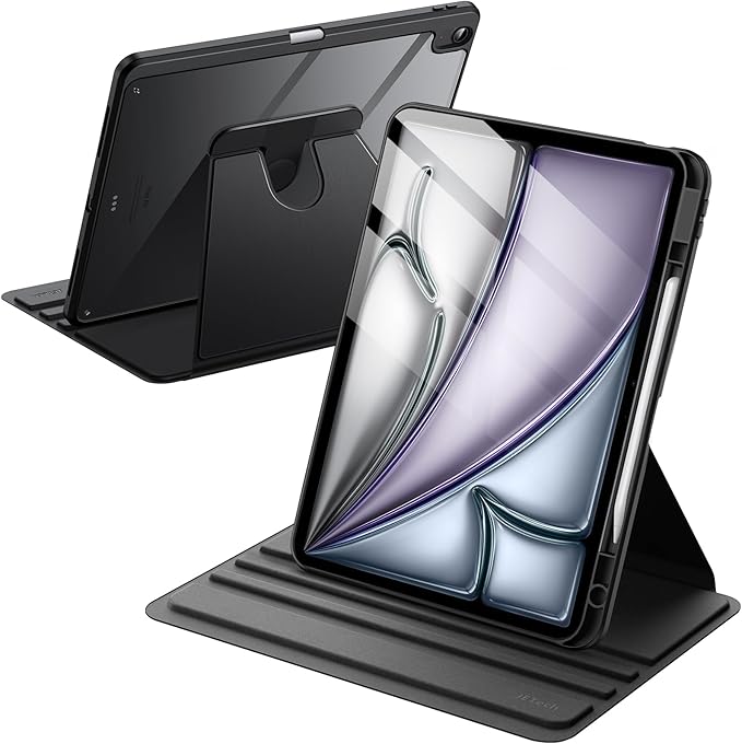 JETech Rotating Case for iPad Air 13-Inch M4/M3/M2 (2026/2025/2024) with Pencil Holder, 360 Degree Rotation Protective Stand Cover Clear Back, Auto Wake/Sleep (Black)