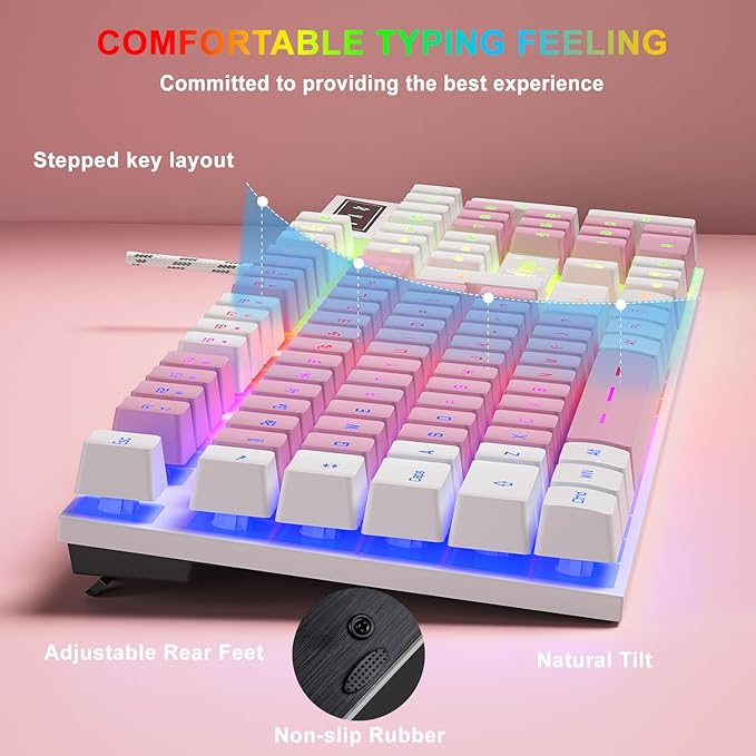 BlueFinger RGB Gaming Keyboard and Backlit Mouse Combo, USB Wired, LED Gaming Set for Laptop PC Computer Game and Work (White & Pink)