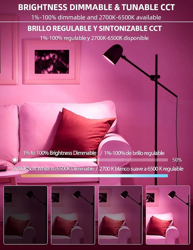Smart Light Bulbs, 2700K-6500K Dimmable & Color Changing A19 LED Bulb, Works with Alexa Siri Google Home, 2.4GHz WiFi, RGBCW Light Bulb with App Voice Control, Timer & Group Control, 2 Pack