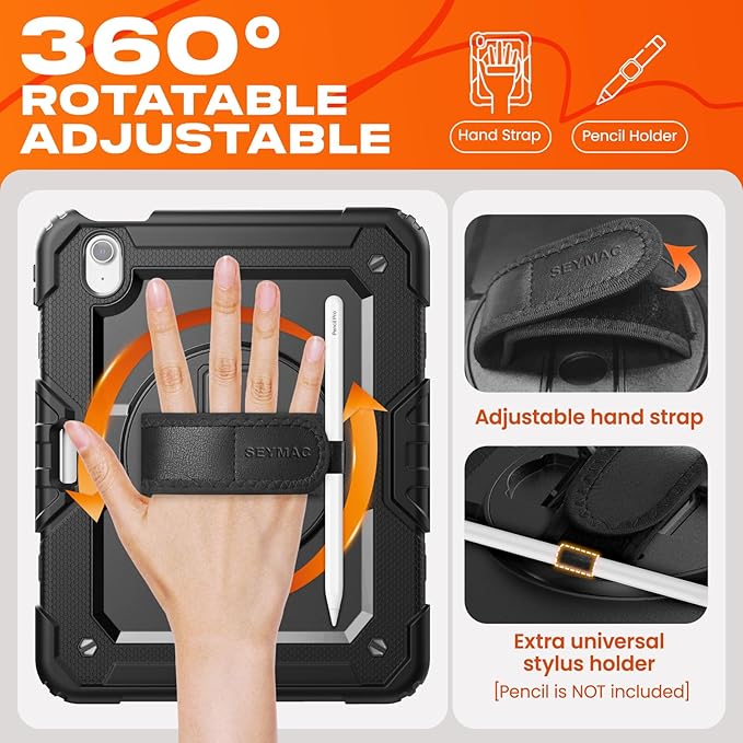 SEYMAC stock Case for iPad Air 11-inch M4-M2 2026-2024 (Gen 8-6), Shockproof Heavy Duty Case with Screen Protector, Pencil Holder, Rotating Stand, Hand Strap, Shoulder Strap, Black