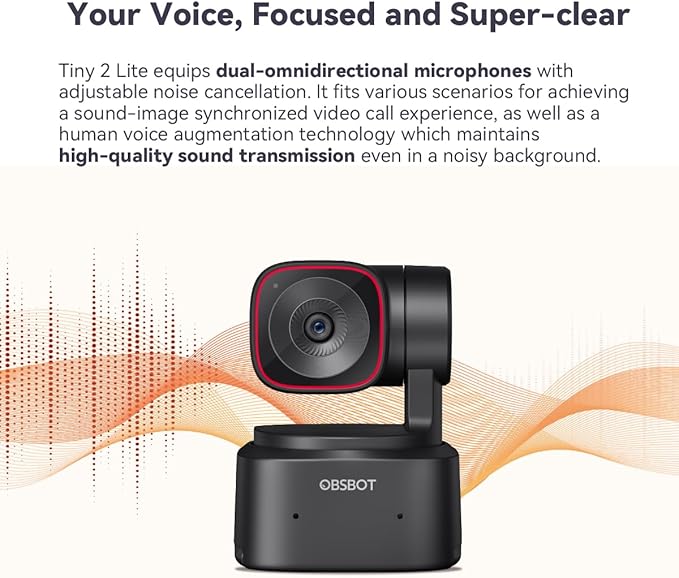 OBSBOT Tiny 2 Lite AI-Powered 4K UHD PTZ Webcam,1/2" CMOS 4X Digital Zoom, AI Auto Tracking, Auto Zoom, Gesture Control 2.0, Beauty Mode,Preset Modes,LiveStream for Game/Meeting/Online Educate