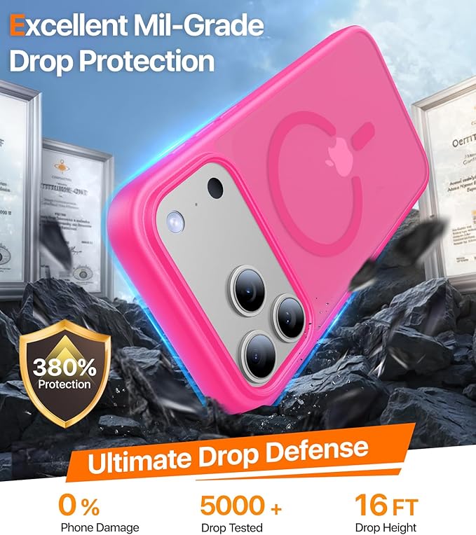 Magnetic for iPhone 17 Pro Max Case,[Anti-Slip][Compatible with MagSafe][Military Grade Drop Protection] Shockproof Protective Translucent Phone Case for iPhone 17 Pro Max Case,Hot Pink