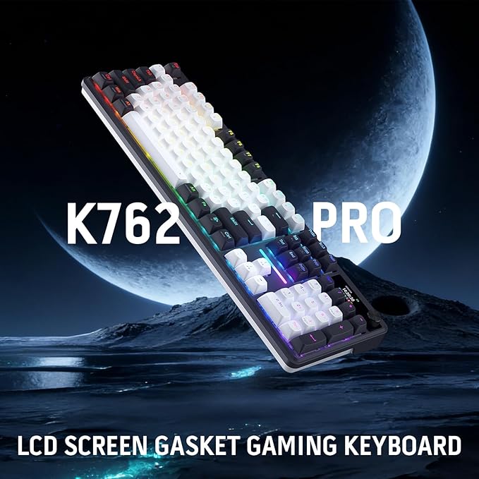 Redragon K762 Wireless Gasket Gaming Keyboard w/Hype Screen & Knob, 104 Keys Mechanical Keyboard, Easy-Control 1.14’’ TFT Info Display, 5-Layer Noise Dampening, Round PBT Keycaps, Mint Mambo Switch