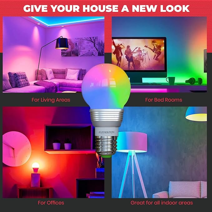 Kobra LED Color Changing Light Bulb with Remote Control - 16 Different Color Choices Smooth, Fade, Flash or Strobe Mode - Smart Remote Lightbulb -RGB & Multi Colored