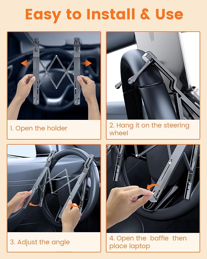 Steering Wheel Laptop Holder for Car SUV Pickup Truck Tesla Vehicle Workstation, Adjustable Foldable Portable iPad Tablet Laptop Stand for Desk, Tiktok Car Travel Essentials 2026 -Gray