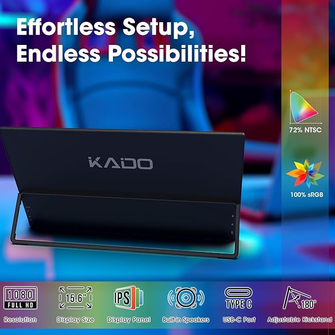 Kado 15.6" 1080p 75Hz Portable Monitor for Laptop, 100% sRGB FHD 45W Reverse Charge HDMI USB-C Second Display IPS Laptop Screen Extender, 180° Kickstand for PC, Mac, Dex, Tablet, Xbox, PS4/PS5, Switch