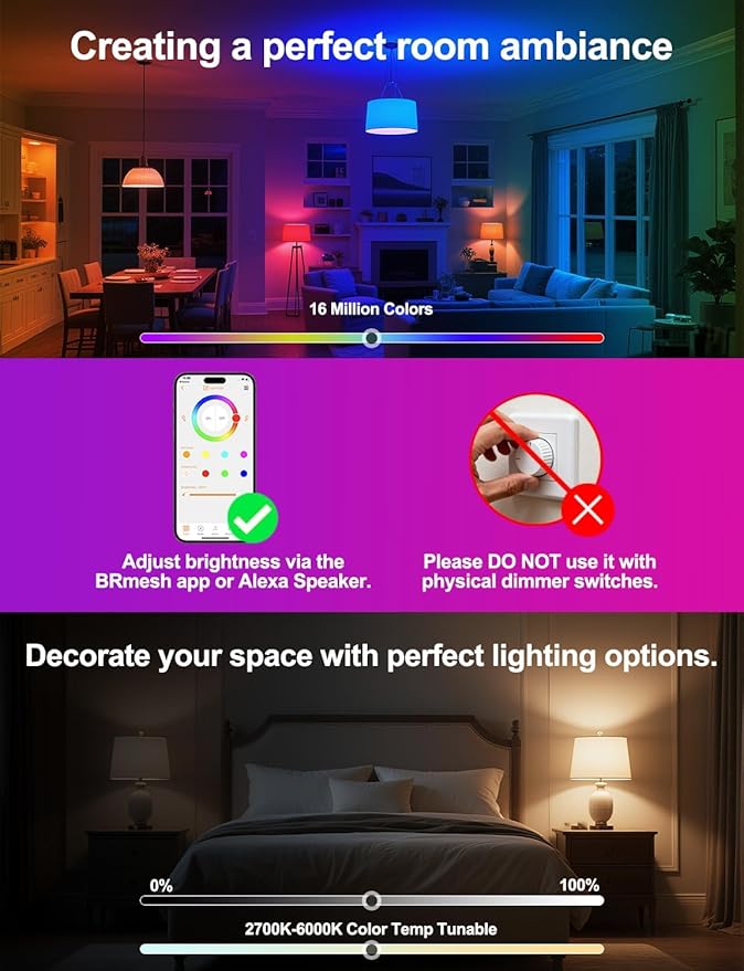 ILC Alexa Light Bulbs 10W (70 Watt Equivalent) Smart Light Bulbs Compatible with Alexa Required Echo Device, 900 Lumens, Color Changing Warm White 2700K (4 Pack)