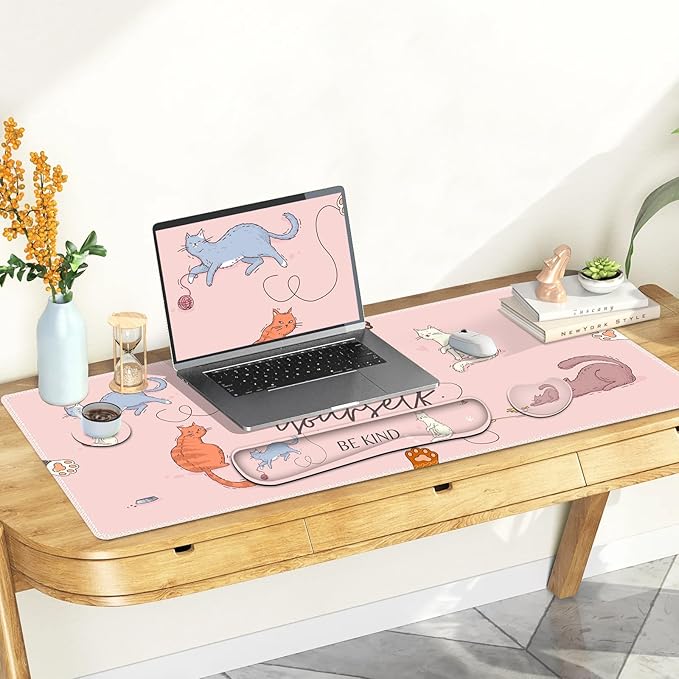 Large Gaming Mouse Pad Set, Pink Cats Ergonomics Keyboard Desk Mat with Memory Foam Wrist Rest, Extended Game Mousepad, Non-Slip Desk Pad Matt Easy Typing Pain Relief I Be Kind to Yourself