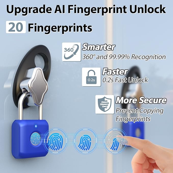 Gym Locker Lock,Smart Fingerprint Padlock with APP Control,Fingerprint Lock USB Rechargeable for Gym Locker,Locker, School,Storage Blue