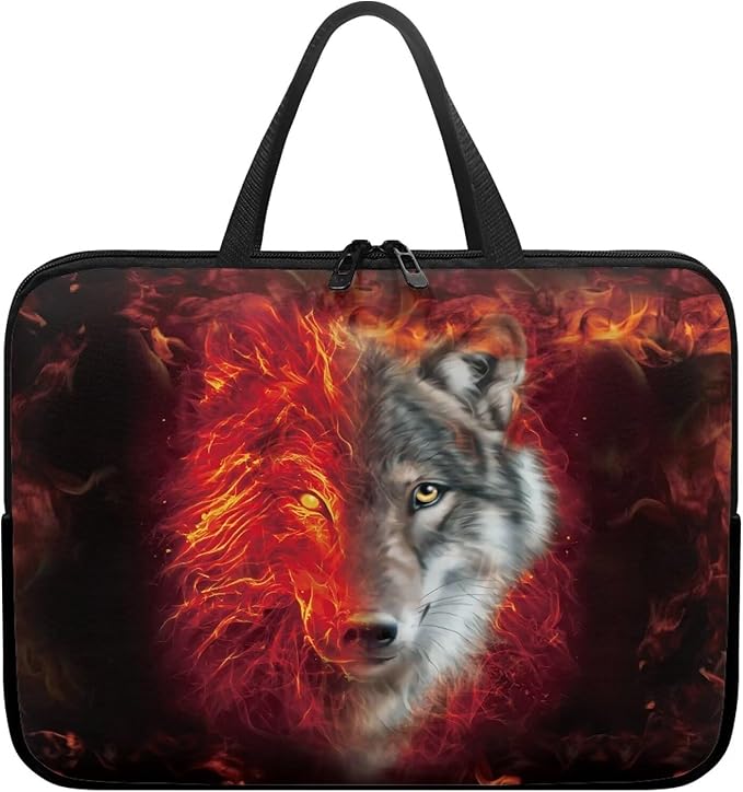 Flaming Wolf Laptop Case 15 Inch Sleeve, Protective Computer Covers with Accessory Pocket, Wildlife Animal Compatible Sleeve Bag for Most 10-17 Inch Notebooks, Black & Red