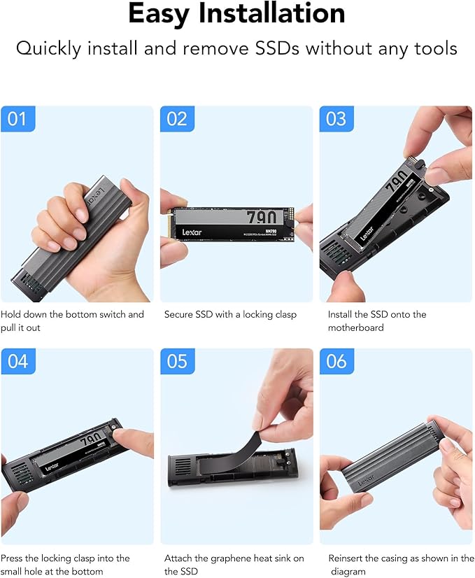 Lexar E300 M.2 NVMe SSD Enclosure, USB 3.2 Gen 2 (10Gbps) External SSD Reader, Tool-Free Portable Adapter, Compatible with M/B+M Keys, Support 2230/2242/2260/2280 NVMe SSDs up to 4TB