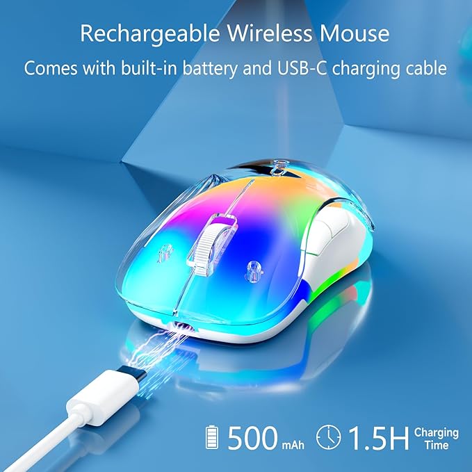 memzuoix 2.4G Wireless Mouse with Customizable Cover & 9-Color LED - Rechargeable Ergonomic, 1400 DPI, 5 Buttons, USB Receiver for PC/Mac - Blue