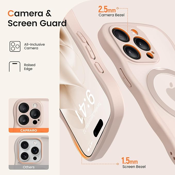 CAPRARO for iPhone 14 Pro Max Case with 360° Spin Magnetic Stand for Women, [Compatible with MagSafe] [Full Camera Protection] Cute Wave Translucent Matte Case for iPhone 14 Pro Max, Rose Gold