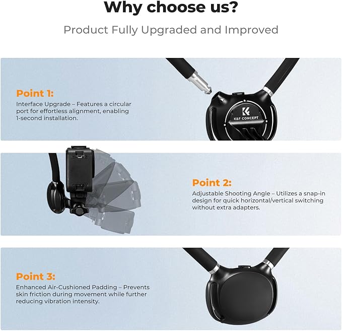 K&F CONCEPT Neck Mount with Air Cushion, Camera Holder with 1/4" Adapter Hands-Free POV Vlogging for GoPro Hero 13/12/11/10/9/8/7/6/5/4/MAX, Insta 360 X5/X4/Ace Pro 2, DJI Osmo Nano Action 6/3/4/5 Pro