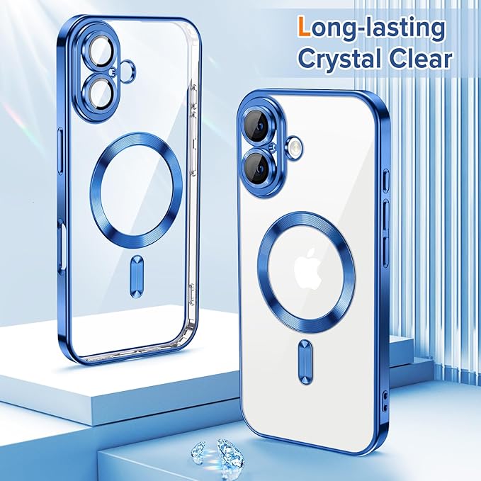 Hython Magnetic Clear for iPhone 16 Case with Camera Lens Protector [Compatible with MagSafe] Luxury Plating Edge Slim Soft TPU Cover Protective Phone Case for iPhone 16 6.1", Deep Blue