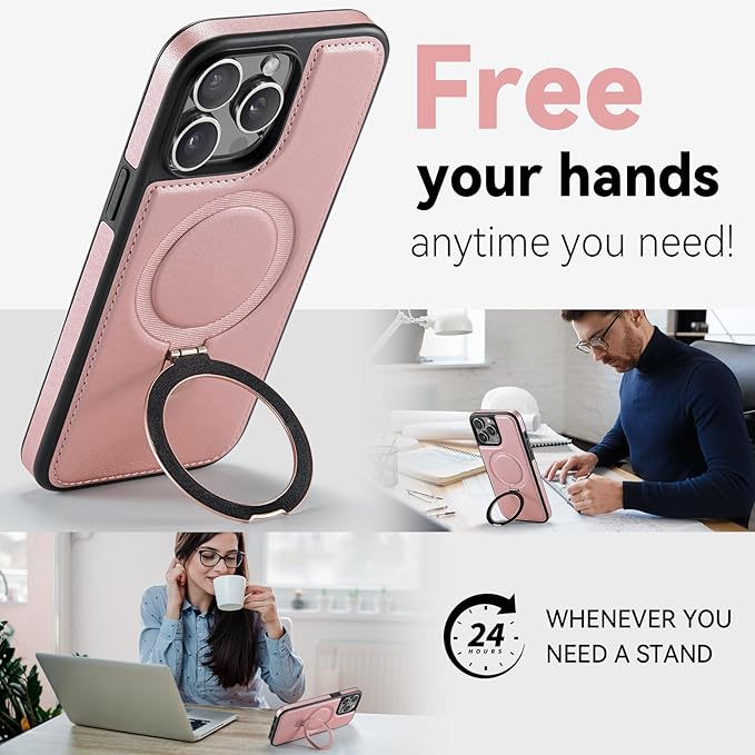 Compatible with iPhone 14 Pro Max Case with Stand, Compatible with MagSafe, Slim PU Leather & Durable TPU Protective Cover Drop-Proof with Tempered Glass Screen Protector 6.7", Rose Gold