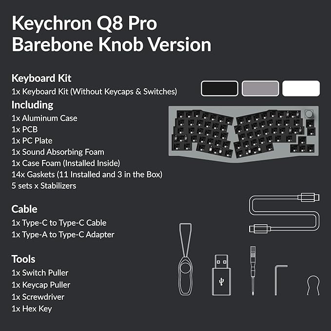 Keychron Q8 Pro QMK/VIA Programmable Custom Mechanical Keyboard, Wireless Bluetooth/Wired, 65% Alice Layout Ergonomic, Hot-Swappable, RGB Backlit Aluminum for Mac Windows Linux-Barebone Version