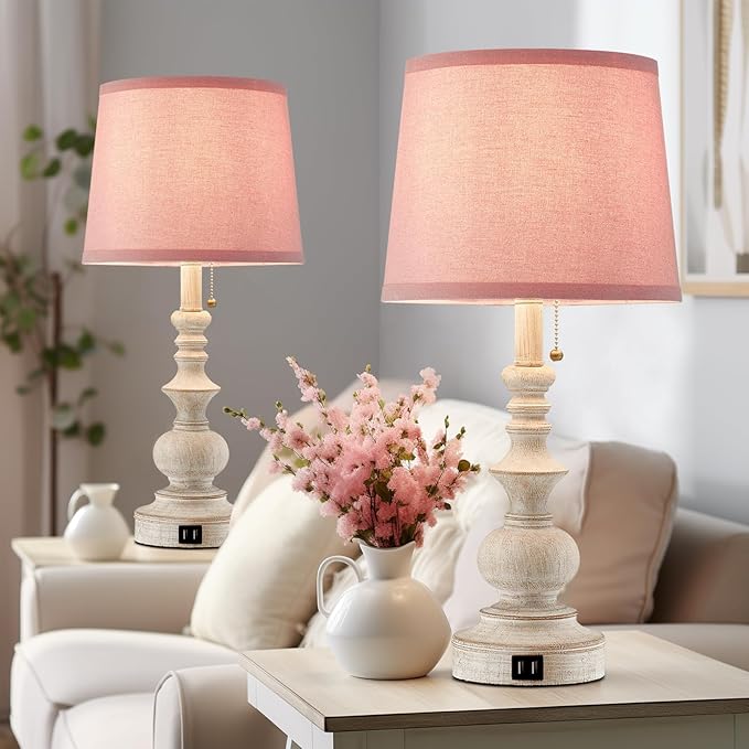 Drawealth 22'' Bedside Table Lamps Set of 2 Modern Farmhouse Nightstand Lamps for Bedroom with USB Charging Ports Vintage Boho Table Lamps for Girls Kids Living Room,Pink Shade,Bulbs Not Included