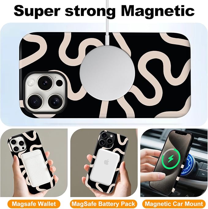 Magnetic for iPhone 14 Pro Max Case Cute Curved Stripes Phone Case, Shockproof Slim TPU and Hard PC Protective Phone Cover Compatible with MagSafe Designed for Women Girls,Black