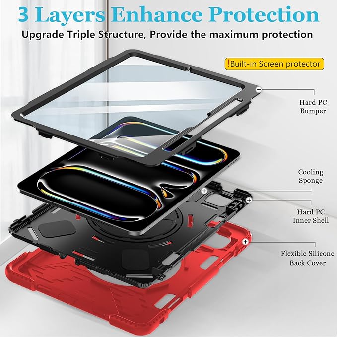Case for iPad Pro 11 M5 2025/ M4 2024: Protective Cover for iPad Pro 11 Inch 5th Generation with Screen Protector- Stand- Handle- Shoulder Strap- Pencil Holder-Black+Red