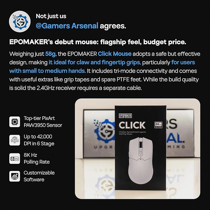 EPOMAKER Click Gaming Mouse Wireless 2.4Ghz/BT/Type-C, 800 to 42,000 DPI Adjustable, 8K Polling Rate, 500mAh, Lightweight Optical Mouse, for PC/Mac/Linux (Black)