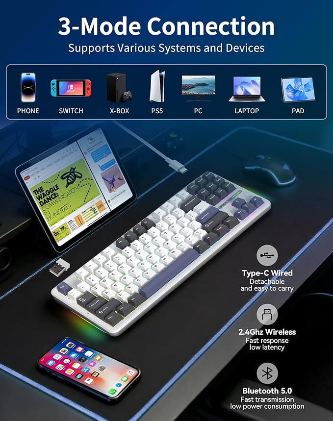 Aula F87 Pro Wireless Mechanical Keyboard, 87-Key TKL Tri-Mode (BT5.0/2.4G/USB-C), Hot Swappable Gasket Mount Keyboard, 4000mAh Battery, RGB Backlit PBT Keycaps Custom Gaming Keyboard for PC Mac