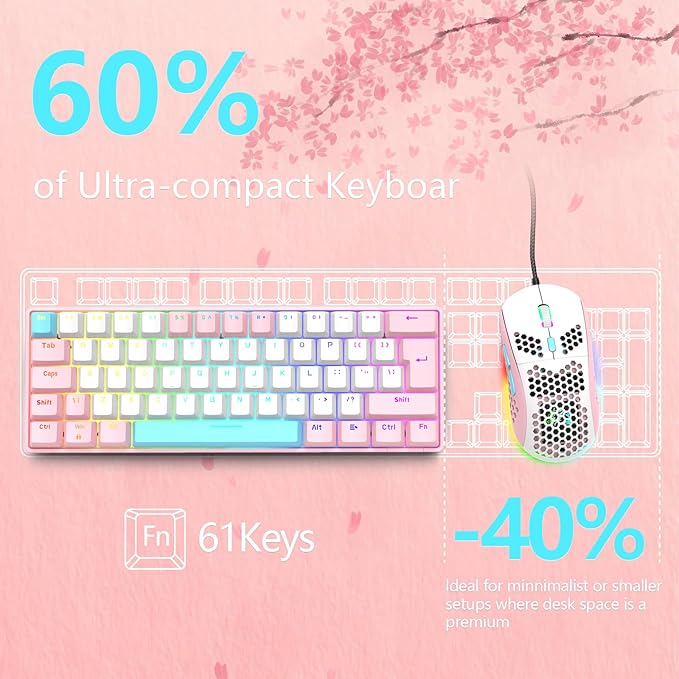 RK-T60 Wired 60% TKL Mechanical Gaming Keyboard Led Rainbow Backlight Ultra-Compact NKRO Linear Red Switch ABS Keycap RGB Honeycomb Mice Coiled Aviator Cable for Windows Laptop PS4/PC/WIN Gamer