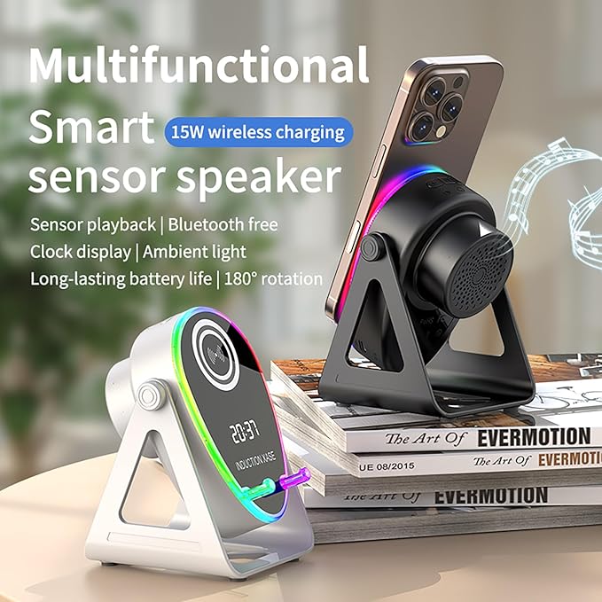 5 in 1 Induction Bluetooth Speaker with Phone Stand, 1800mAh RGB Lighting Induction Speaker, 360° Surround Sound, 4-13" Device Fit, Ideal for Men Women, Parties, Gaming