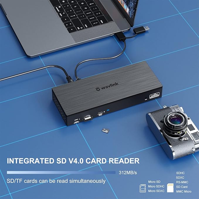 WAVLINK DisplayLink Laptop Docking Station - Quad Monitor 5K/4K@60Hz, 100W Charging - Thunderbolt 5/4, USB-C/A - M1-M5 Mac/MacBook Neo/Windows/Chrome- 4 HDMI, 4 DP, 180W Power, SD 4.0 CR, 2.5Gbps LAN