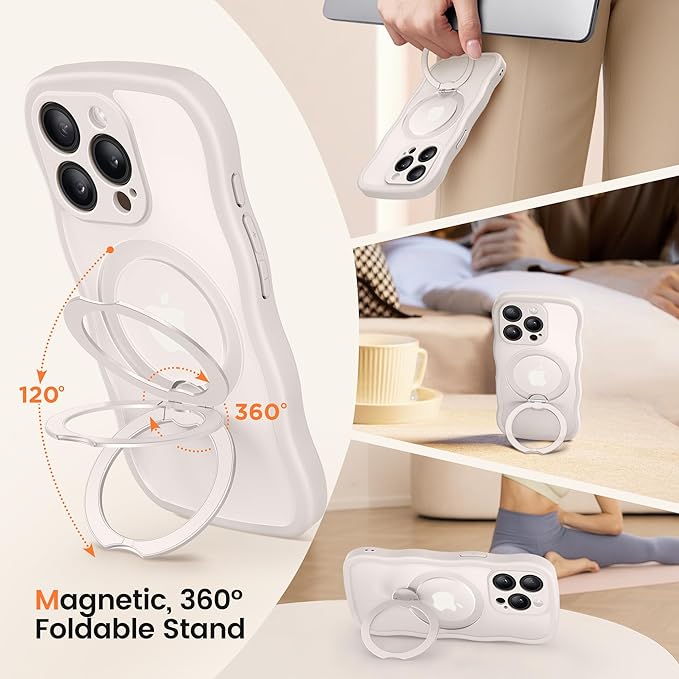 CAPRARO for iPhone 13 Pro Case with 360° Spin Magnetic Stand for Women, [Compatible with MagSafe] [Full Camera Protection] Cute Wave Translucent Matte Case for iPhone 13 Pro, Stone