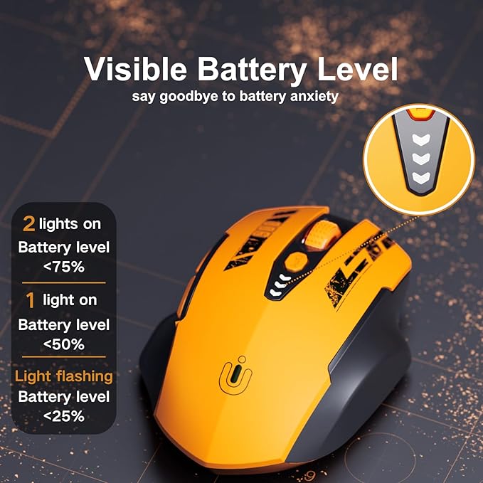 Uineer Wireless Mouse,Upgraded 2.4GHz Rechargeable (Battery Level Visible) Ergonomic Computer Mouse,4 Levels DPI, Wireless Mice for Laptop Computer(Yellow)