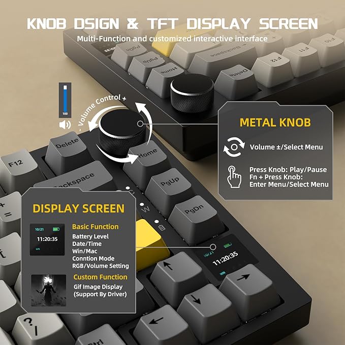 Attack Shark ajazz AK820 Pro Wireless Mechanical Gaming Keyboard Hot Swappable TFT Display & Knob RGB Backlit BT 5.1/2.4Ghz /Type-C Wired Gasket-Mounted Custom Keyboard for PC/Win(Black/Fish Switch)
