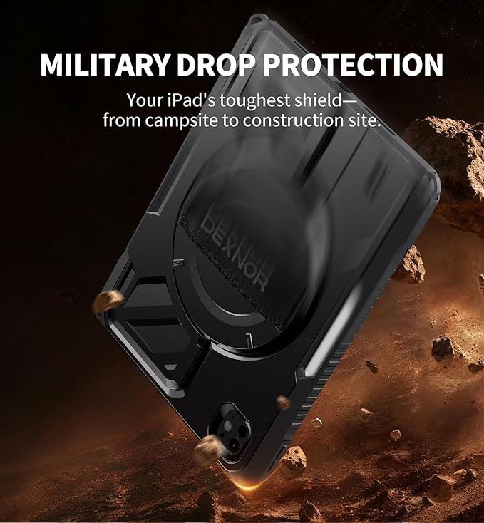 Dexnor for iPad Pro 11 inch Case M5 2025/M4 2024, Rugged Protective Case with 360° Rotating Hand Strap & Large Steady Stand & Screen Protector & Pencil Holder Shockproof Full-Body Bumper Cover, Black