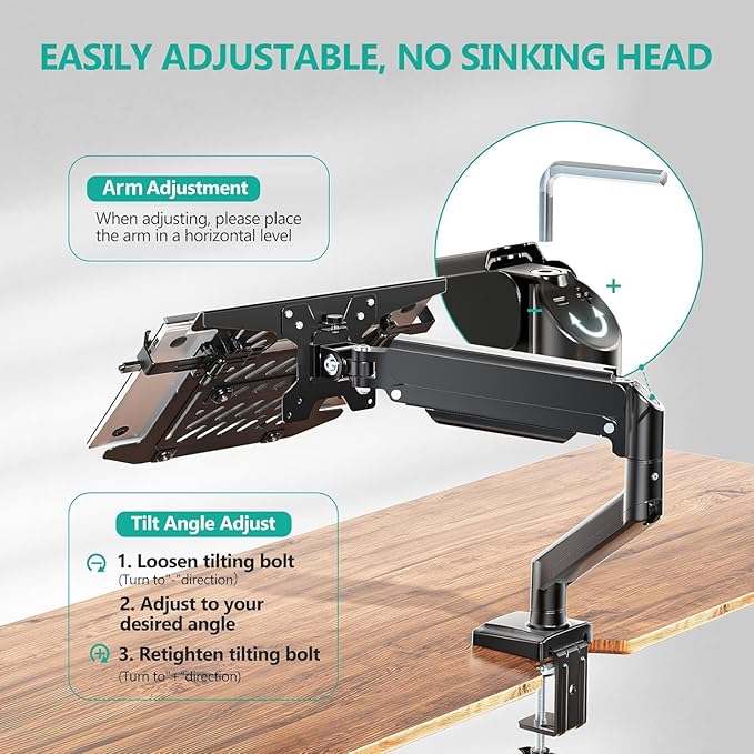WALI Laptop Desk Mount, Single Monitor Arm with Laptop Holder, Adjustable Height Laptop Arm Mount for Desk, Fits 17” Notebook and 34” Monitors, Up to 22-26.4Lbs (GSMP001LPN), Black