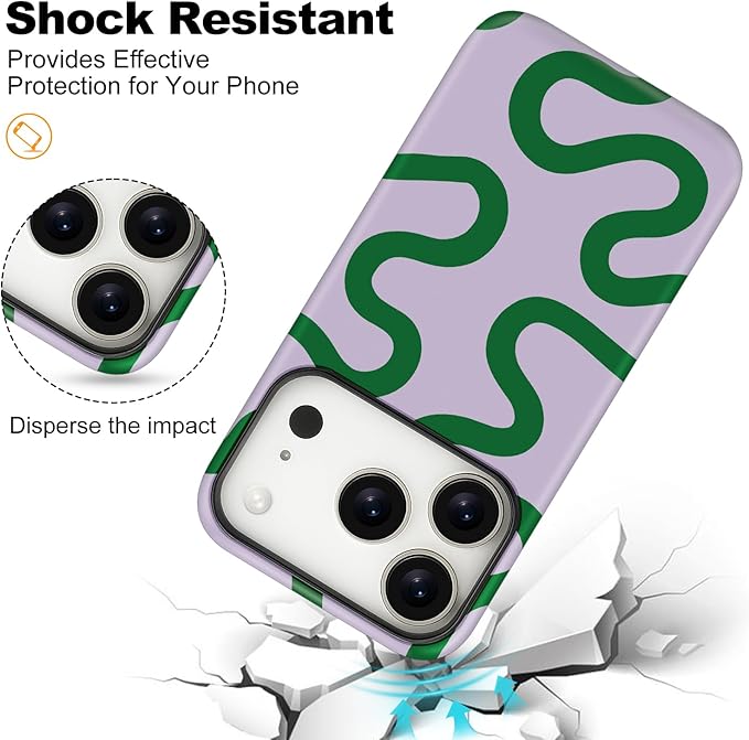 Magnetic for iPhone 17 Pro Case Cute Curved Stripes Phone Case, Shockproof Slim TPU and Hard PC Protective Phone Cover Compatible with MagSafe Designed for Women Girls,Green