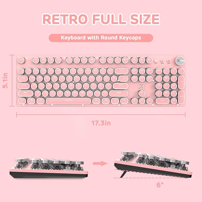Typewriter Style Retro Wired Mechanical Gaming Keyboard, Vintage Steampunk with White LED Backlit, 104-Key Anti-Ghosting Blue Switch Cute Keyboard, Round Keycaps Knob Control for PC/Win/Mac/Laptop