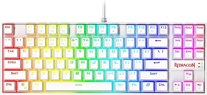 Redragon K552P Mechanical Gaming Keyboard TKL with 18 Backlight Modes, Hot-Swappable Blue Switches, 87-Key Compact Ergonomic Design, N-Key Rollover & Software Programmable Macro - RGB, White