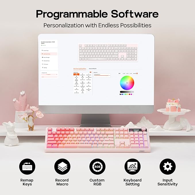 EPOMAKER TH108 V2 PRO Full Size Mechanical Keyboard with Screen&Knob, 10000mAh, BT/2.4Ghz, Mac Modifier PBT Keycap, Hot Swap, RGB, Gasket, Wireless Gaming Keyboard for Mac/PC (Pink, Creamy Jade)