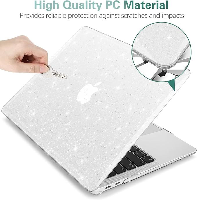 Clear Glitter Case for MacBook Air 13 inch 2021-2018 M1 A2337 A2179 A1932, Glitter MacBook Air M1 Case, Shiny Bling Sparkle Plastic Hardshell & Keyboard Cover for MacBook Air 13.3'', Transparent