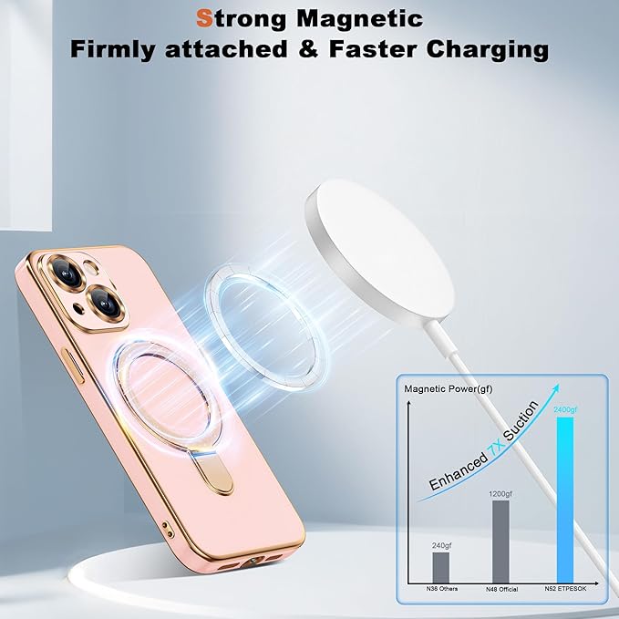 Compatible with iPhone 14 Plus Case with Magnetic Ring Stand [Compatible with Mag-Safe] [Full Camera Lens Protector] Soft Plating Phone Case for iPhone 14 Plus 6.7", Solid Pink