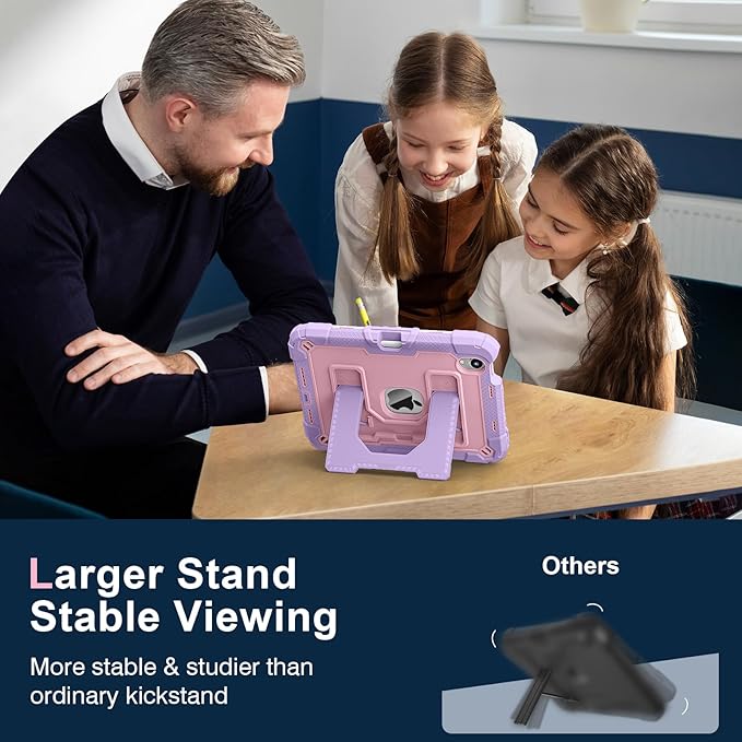 Kids Friendly Case for Apple iPad mini 7 A17 Pro 2024/iPad Mini 6 2021 8.3 Inch 7th/6th Gen Case with Pencil Holder & Shoulder Strap, Shockproof Kickstand Hard Shell Protective Cover,Pink+Purple