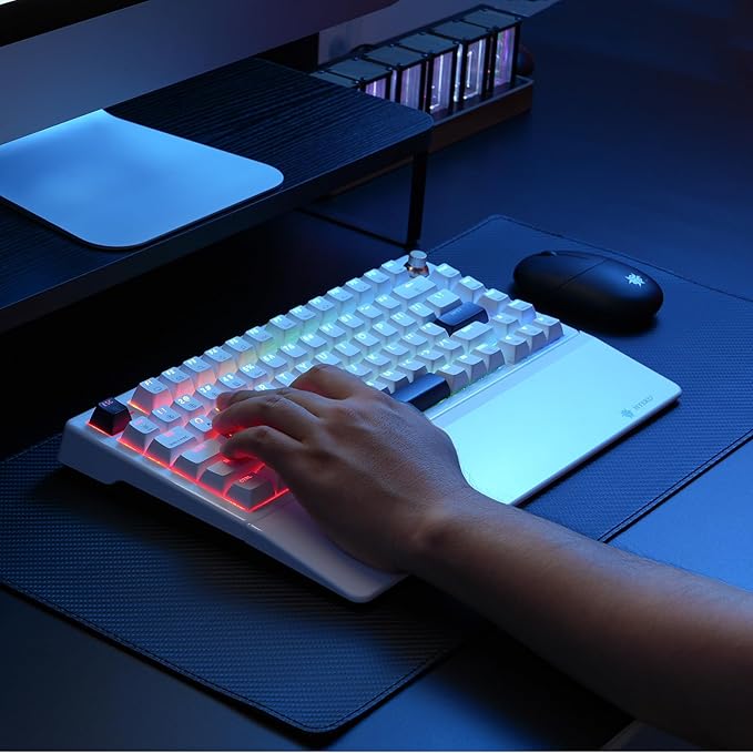 Wireless Mechanical Keyboard with Knob & Wrist Rest, Hot Swap Gasket Custom Structure, Creamy Pre-lubed Tactile Switches, RGB Backlit, Bluetooth/Type-C/2.4G Gaming Keyboard for Win/Mac (White)