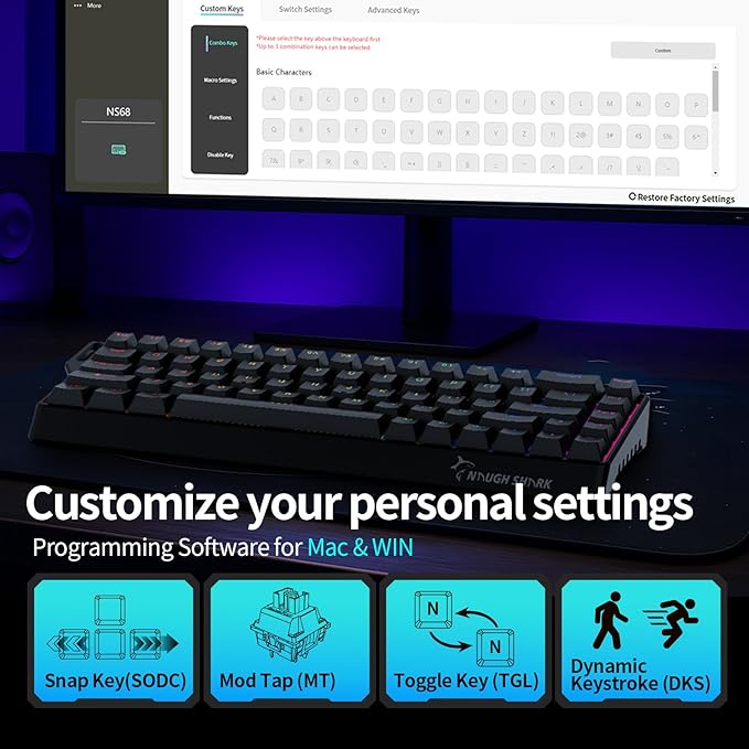 GK GAMAKAY x NaughShark NS68 Rapid Trigger Wired Gaming Keyboard, 65% Hall Effect Mechanical Keyboard, 8KHz Polling Rate 0.01mm RT, Snap Tap, Outemu Peach Crystal Magnetic Switch (Black-Side Printed)