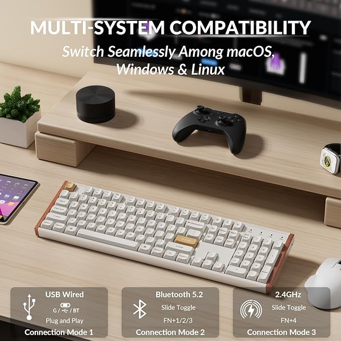 Keychron K10 HE Hall Effect Keyboard, Gateron Double-Rail Magnetic Nebula Switch, Full-Size Tri-Mode Wireless Keyboard with Rapid Trigger, Adjustable Actuation, RGB, Aluminum + Wooden Frame