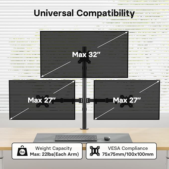BONTEC Triple Monitor Desk Mount, Supports 13-32 Inch Screens, Full Motion Adjustability, VESA 75x75/100x100mm, Up to 22lbs per Arm, C Clamp and Grommet Mounting Options, Cable Management