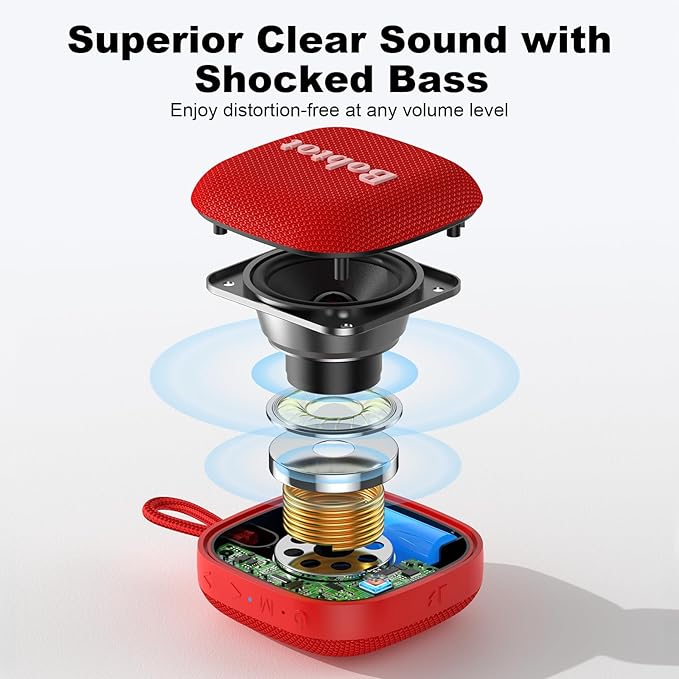 Bobtot Portable Bluetooth Speakers, Wireless IPX7 Waterproof Mini Speaker with 16H Playtime, Loud Stereo Sound, TWS, Built-in Microphone, Small Size with Lanyard, Red