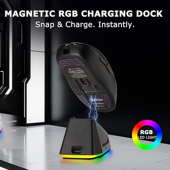 AJ179PRO PAW3395 26000 DPI Gaming Mouse, 8000Hz Polling Rate, 58g Ultra-Light, Tri-Mode (2.4G/Wired/Bluetooth 5.2), Magnetic RGB Charging Dock, Ergonomic Right-Hand Design, Black